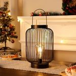 JHY DESIGN Large Battery Operated Lamp 11" H Metal Cage Lamps Decorative LED Lantern with 6-Hours Timer USB Power Sources for Home Bedroom Living Room Parties Garden Events Indoors Outdoors(Cylinder)