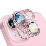 Smasener for iPhone 15 iPhone 15 Plus Camera Lens Protector, 9H Tempered Glass Camera Cover Screen Protector Alloy Metal Camera Cover for iPhone 15 6.1 inch iPhone 15 Plus 6.7 inch[Pink Glitter]