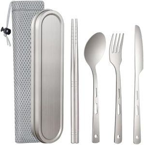 6Pcs Titanium Travel Cutlery Set Knife Fork Spoon Chopsticks with Case and Bag, Reusable and Portable Travel Utensils Ti Camping Flatware Set for Picnic, Hiking, Office, LunchBox, Backpacking