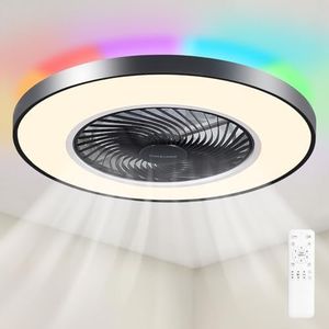 Lvienews 19.69" Ceiling Fan with Light and Remote, Enclosed Flush Mount Low Profile LED Ceiling Fan with Colorful RGB Back Lights, Modern Bladeless Fan for Bedroom Living Room Kitchen