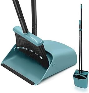 JEHONN Broom with Dustpan Combo Set, Long Handle Lightweight Indoor Broom Set, Upright Standing Dust Pan with Comb Teeth Store Sweep Set for Home Room Kitchen Office Lobby (Grey-Green)