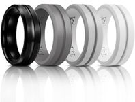 King Will Silicone Rings for Men 8mm Black Tungsten Wedding Band - Men's Wedding Ring Set - Rubber Wedding Bands, and Workout Rings for Men with Grooved Center Design - Available in White Gray 12