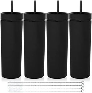 Volhoply 20oz Plastic Skinny Tumblers Bulk 4 Pack,Double Wall Tumbler with Lid and Straw,Reusable Travel Iced Coffee Mug,BPA Free Matte Acrylic Water Cups With Straw for Parties,DIY Gifts(Black,4 Set）