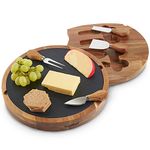 VonShef Cheese Board, Circular Serving Tray with Stainless Steel Knife Set & Slate Top, Easy Clean Charcuterie Serving Board with Knife Drawer & Gift Box