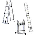 12.5FT/3.8M Aluminum Telescoping Extension Ladder Portable Multi-Purpose Folding A-Frame Ladder with Hinges(12.5ft in Straight line and 6.25ft in A-Frame), EN131 Standard