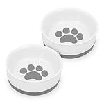 Navaris Porcelain Cat Bowls (Set of 2) - 15cm Food and Water Bowl Dishes for Pet Cats and More - With Non-Slip Silicone Bottom - Grey Paw Print Design