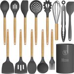 14 Pcs Silicone Cooking Utensils Kitchen Utensil Set - 446°F Heat Resistant,Turner Tongs, Spatula, Spoon, Brush, Whisk, Wooden Handle Gray Kitchen Gadgets with Holder for Nonstick Cookware (BPA Free)