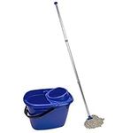 Abbey Professional Mop and Bucket Set Heavy Duty with Wringer and Two Traditional Cotton Mop Heads for Cleaning Floors – Strong Aluminum Mop Handles – Mop Bucket Capacity 12L with Pouring Lip (Blue)