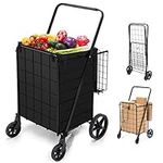 HABUTWAY Folding Shopping Cart with Wheels 360 Degree Rolling Swivel Grocery Cart with Removable Oxford Cloth Liner Compact Utility Cart for Groceries Luggage Laundry,220lb Capacity Black