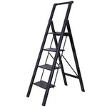 BAOYOUNI 4 Step Ladder Lightweight Folding Aluminum Step Stool Heavy Duty Stepladders 298lbs with Safety Handle and Anti-Slip Wide Pedal for Household, Office, Garage, Painting - Black