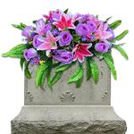 GRPFS Headstone Saddles for Graves,Large Artificial Cemetery Flowers-Realistic Pink Lily,Purple Rose Mix Arrangement,Outdoor Memorial Decorations,Durable & Easy Fit