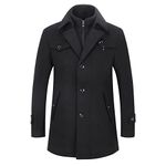 YOUTHUP Mens Wool Trench Coat Winter Thick Peacoat Business Military Coat with Removable Inner Collar, Black, S