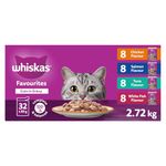 WHISKAS Favourites Adult Wet Cat Food - Chicken, Salmon, Tuna, White Fish Flavour Cuts in Gravy - 100% Complete and Balanced - Multipack 32x 85g Pouches