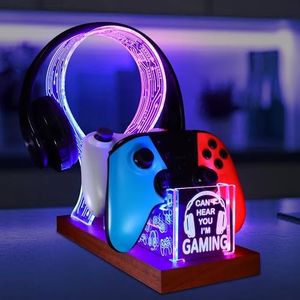 YuanDian Gamer Gifts for Teenage Boy, Can't Hear You I'm Gaming Headset and Controller Stand, Acrylic Wooden Controller Holder with Blue Pink LED Night Light, Desk Decor Gift