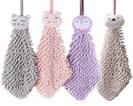 AUGEN 4 Pack Chenille Hand Towels, Cute Cartoon Kitchen Hanging, with Loops, Bathroom, Quick Dry Hand Bath Towel, Soft Absorbent Microfiber (Khaki Purple Pink Gray) (Pack of 4), 200 GSM