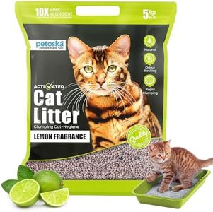 PETOSKA Activated Cat Litter- 5Kg | Lemon Fragrance | Scoopable Bentonite Clay Cat Litter | Advanced Clumping Scented Litter Sand | 99.9% Dust Free | Natural | Odour Control