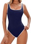 BMJL Womens One Piece Swimsuit Sporty Slimming Modest Bathing Suits Cute Color Block Ribbed High Cut Swim Suits(Navy Blue, XL)