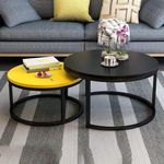 LIVE TOUCH Two Modern Nesting Coffee Tables in a Round Shape with a Wood Side and a Sturdy Metal Frame for use in a Living Room, Balcony, or Garden [Black Yellow]