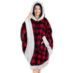 PAVILIA Angel Wrap Hooded Blanket, Wearable Blanket Women, Cozy Poncho Wrap Throw for Adult, Plush Sherpa Fleece Cape Shawl, Checker Red, Sherpa