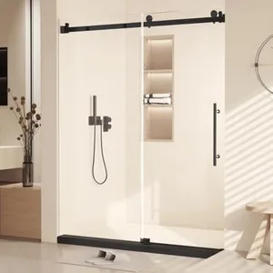 GarveeHome Modern Frameless Shower Door in Stainless Steel 56 to 60" W x 76" H(10mm), Tempered Glass Shower Doors with Seal Strip Parts and Handle, Easy Sliding Shower Door, Easy to Clean (Black)