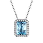 ChicSilver March Birthstone Necklace for Women, 925 Sterling Silver Dainty Solitaire Cubic Zirconia CZ Halo Pendant Emerald Cut Simulated Aquamarine Necklace Mother's Day Jewelry Gift