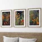 Klimt Style Flower Garden Set of 3 Unframed Poster Prints, Art Nouveau Home Decor, Vintage Art, Elegant Botanical Flower Poster, Digital Art, Gustav Klimt, Blue Orange Red (A3)