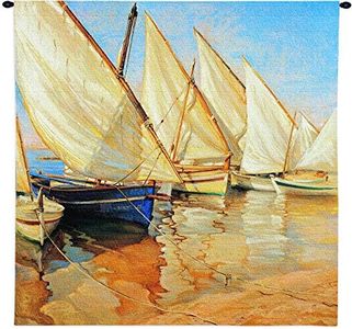 White Sails I by Jaume Laporta | Woven Tapestry Wall Art Hanging | Sailboats on Seascape Harbor Nautical Artwork | 100% Cotton USA Size 53x54
