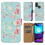 32nd Floral Series 2.0 - Design PU Leather Book Wallet Case Cover for Motorola Moto E20, Designer Flower Pattern Wallet Style Flip Case With Card Slots - Spring Blue