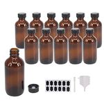 BPFY 12 Pack 4 oz Amber Boston Glass Bottle with Black Poly Cap, Funnel, Chalk Labels, Dispensing Bottle for Homemade Vanilla Extract, Essential Oil, Herbal Medicine, Wedding, Christmas, Holiday Gift