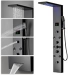 BATHLAVISH Black Shower Panel LED Light Temperature Display 304 Stainless Steel Bathroom Shower Towels System with Rainfall Shower Head Handheld Massage Body Jets Wall Mount Waterfall BathTub