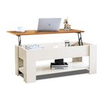 Coffee Table With Storage, Lift Up Coffee Table For Living Room, Wooden Coffee Tables With 1 Shelf Large Hidden Storage Rectangular Lift-Top Sofa End Tea Table for Living Room Furniture, Cream / Pine