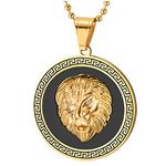 COOLSTEELANDBEYOND Men Steel Lion Head Circle Medal Pendant Necklace with CZ, Black Onyx, Greek Key, Gold Black(CA)