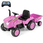 Costzon 2-in-1 Ride On Tractor, 12V Kids Ride on Car w/Detachable Trailer, Remote Control, Wireless Connection, Horn, Music, Lights, Spring Suspensions, Tractor Toys for Kids 3-8 (Pink)