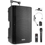 VONYX VSA700-BP 15" Portable PA Active Speaker System, Big Bluetooth Speaker with Battery, Wireless Handheld and Headset Bodypack Microphones, Powered PA Speaker, Rechargeable Battery - 1000W