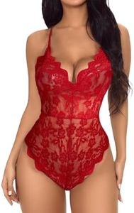 Buitifo Women Lace Bodysuit One Piece Babydoll Backless Mini Teddy V Neck Lingerie（red 1,M