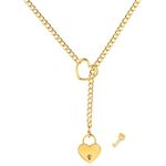 Heart O Ring Slip Chain Choker Necklace for Women Stainless Steel Cuban Chain Heart Y-shape Necklace Punk Rock Collar Necklace Adjustable Lariat Y Necklace Heart Locker With Key ﻿ (Gold)