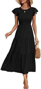 ECOWISH Womens Dresses Wedding Guest Cocktail Midi Ruffle Cap Sleeves Summer A-Line Casual Smocked Maxi Dress 297 Black X-Large