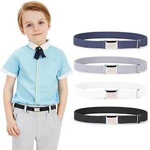 JASGOOD Kids Toddler Belts Elastic Stretch Adjustable Belts for Boys and Girls with Silver Square Buckle 4 Pack （Black+White+Grey+Blue,Suit for Pants Size Below 26inch）