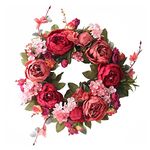 Peony Wreaths for Front Door Artificial Spring Summer Flower Door Wreath 16 Inch Fall Wreaths for Outdoor Wedding Wall Home Wreath Decor (Red)