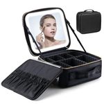 MAYCREATE Travel Makeup Organizer Pouch With 4K Vanity Mirror & Led Fill Light(3 Modes, Stepless Dimming), Cosmetic Brushes Storage Bag Case- Adjustable Dividers, Waterproof, Multicolor