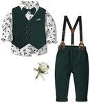 SANGTREE Boys Formal Suit Vest, Shirt, Suspender Pants and Bowtie Dresswear Set with Pocket Square, 3 Months - 14 Years, Print+dark Green