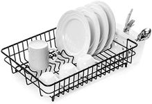 Home Treats Dish Drainer & Plate Rack | Rust Proof Large Black | Rinse Basket For Pots Bowls Plates Utensils | Dish Drainer Rack With Cutlery Basket Included