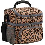 FlowFly Insulated Lunch Bag Adult Lunch Box Large Tote Double Layer Cooler for Men, Women, with Adjustable Strap,Front Pocket and Mesh Side Pockets,Leopard