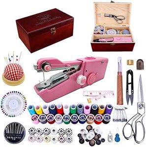 Handheld Sewing Machine, with Elegant Wooden Sewing Box and 153-Piece Sewing Kit, Mini Portable Cordless Hand Held Stitching Machine, Perfect for Adults, Beginners, and Quick Home Repairs