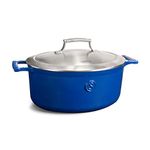 SAVEUR SELECTS 30cm / 6QT Enameled Cast Iron Oval Roaster -Stainless Steel Insulating Double-Walled Lid|Non Stick, Oven Safe 5.7L PFOA & PFAS-Free Cooking Pot Dutch Oven -Voyage Series -Classic Blue