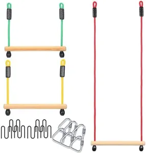 3 Wooden Monkey Bars for Monkey Line, Gorilla Line & Ninja Warrior Obstacle Courses – Complete Expansion Kit with Durable Buckles & Carabiners, Easy Setup, Safe & Secure Training Equipment (Grey)