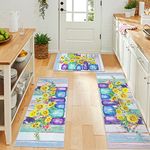 Ileading Kitchen Mat Set of 3, Sunflower Blooming in a Colorful Vase Decorative Runner Rugs for Hallway, Machine Washable Spring Summer Low-Profile Floor Switch Mat for Laundry Entryway Doormat