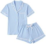 LYANER Women's Cotton Pajamas Set Button Short Sleeve Shirt with Shorts Set PJs Loungewear, Blue, Small