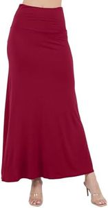Azules Maxi Skirt for Women- Elegant Long Women's Skirts- Solid Color, Soft, Stretchy, Flowy Boho Rayon- Womens High Waist Fold Over for Any Occasion - Burgundy, Small