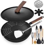 AOSION 13'' Carbon Steel Wok, 12 Piece Wok Pan & Stir-Fry Pans Set with Lid & Cookwares, No Chemical Coated Flat Bottom Chinese Wok Pan for Induction, Electric, Gas, Halogen, All Stoves